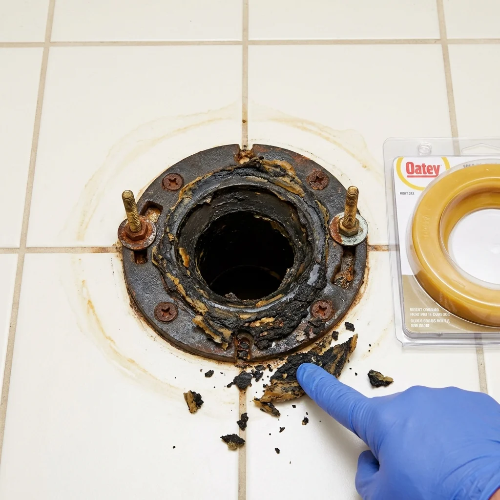 Failed wax ring showing water seepage at the base of a toilet in a Republic, MO home