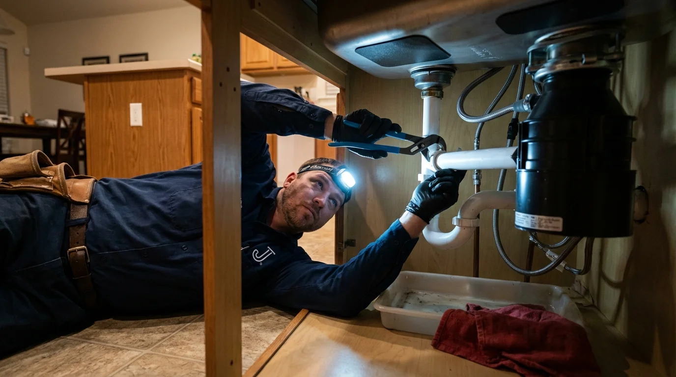 P-trap and supply line connections under a kitchen sink showing a common leak point in Republic, MO